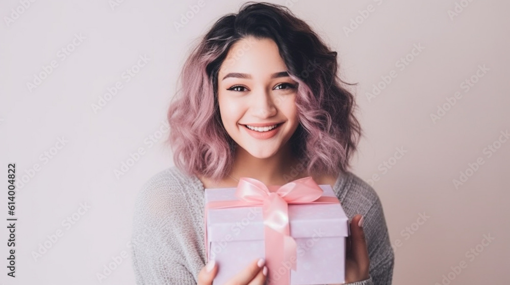 young adult woman, holds a gift, festive, anticipation and curiosity young adult woman, holds a gift, festive, anticipation and curiosity