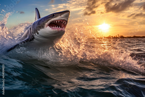 Great white shark breaching out of the ocean, copyspace. Generative AI