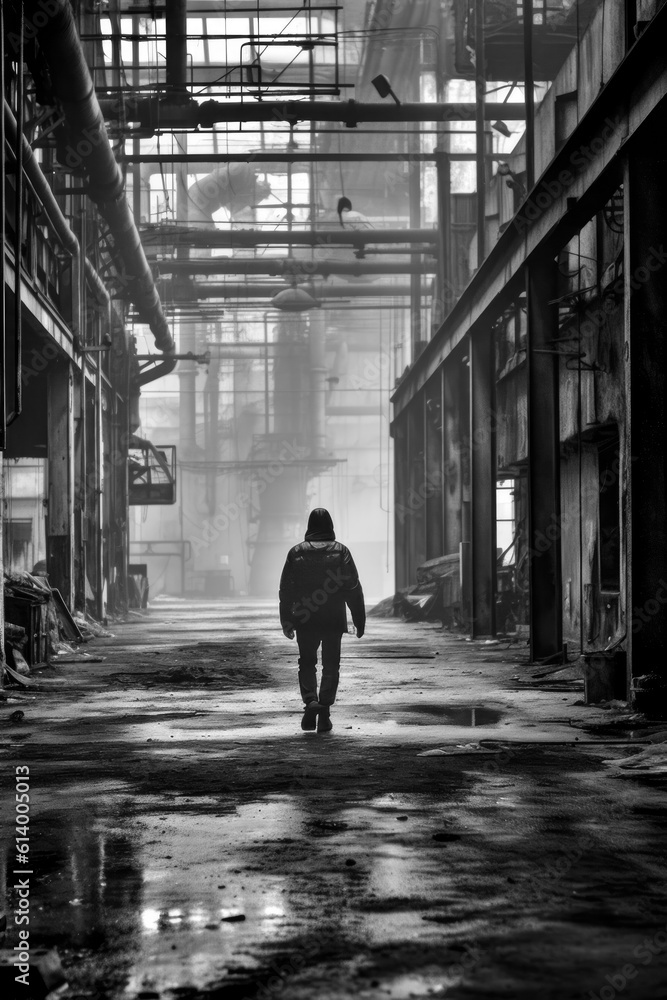 Abandoned old factory interior, industrial, dirty, silhouette of person from back, vertical. Generative AI Abandoned old factory interior, industrial, dirty, silhouette of person from back, vertical. Generative AI