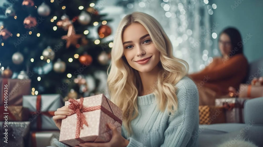 young adult woman, sitting in the living room, with a pile of christmas gifts and a christmas tree in the background, festive living room, caucasian blonde, anticipation and curiosity, young adult woman, sitting in the living room, with a pile of christmas gifts and a christmas tree in the background, festive living room, caucasian blonde, anticipation and curiosity,
