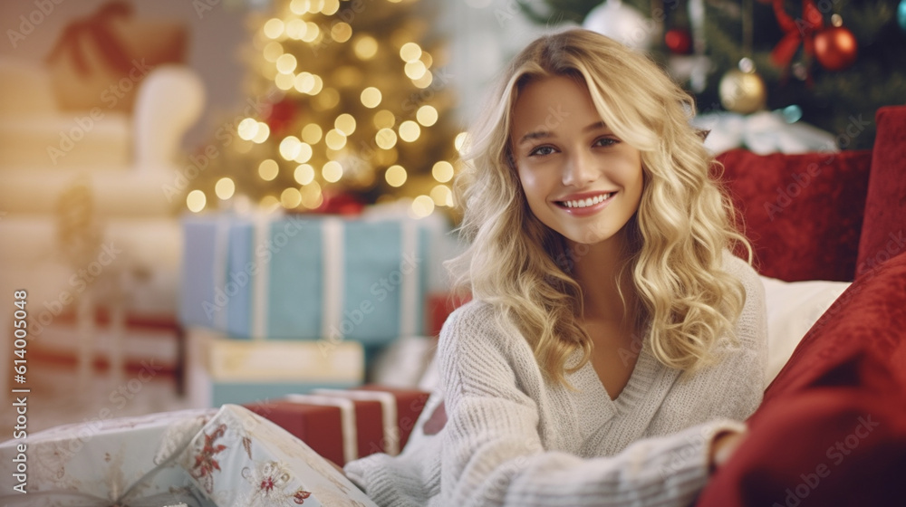 young adult woman, sitting in the living room, with a pile of christmas gifts and a christmas tree in the background, festive living room, caucasian blonde, anticipation and curiosity young adult woman, sitting in the living room, with a pile of christmas gifts and a christmas tree in the background, festive living room, caucasian blonde, anticipation and curiosity