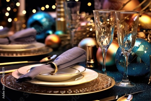 A close - up shot of a table adorned with New Year's decorations, including glittering candles, sparkling confetti, and elegant champagne glasses. Generative AI