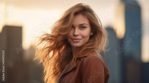 Free Download young adult woman, everyday city life, between buildings and office buildings, smiling beautiful day, good mood, fun and joy, - GFXLoad