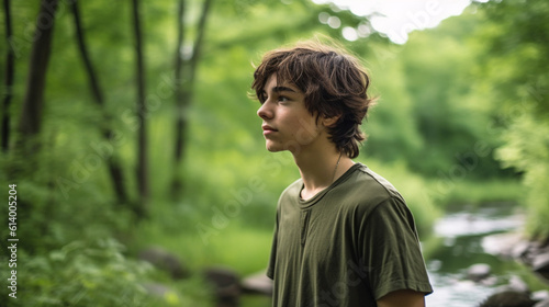 teenager boy going for a walk or hiking and enjoying nature, in the countryside, environment and plants, beautiful day outside, walking through grass on a river at the edge of the forest