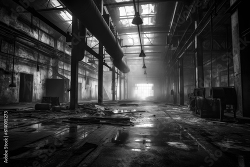Abandoned old factory interior, industrial, dirty. Generative AI