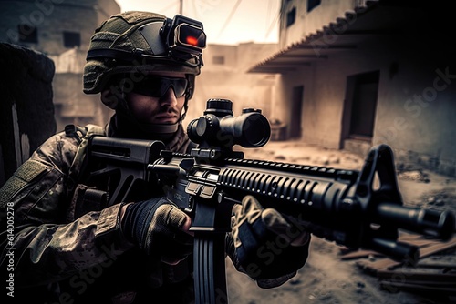 Special forces soldier holding a gun. Private army mercenary.  © Adriana