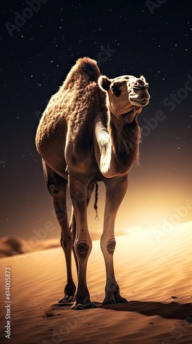Camel in the desert. AI generated art illustration.