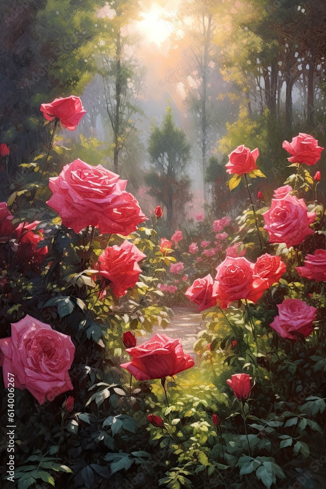 Roses in a garden. AI generated art illustration. Roses in a garden. AI generated art illustration.