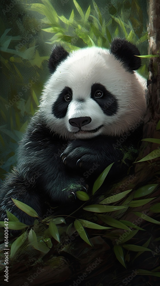 Fototapeta premium Giant panda eating bamboo leaves. AI generated art illustration. 
