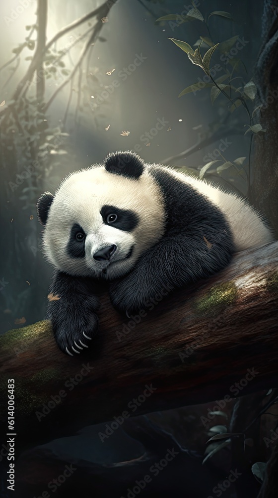 Obraz premium Giant panda eating bamboo leaves. AI generated art illustration. 