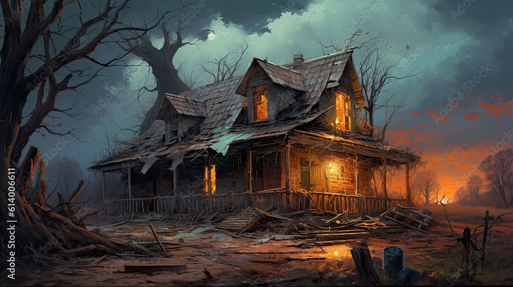 Scary house in the woods. AI generated art illustration.
