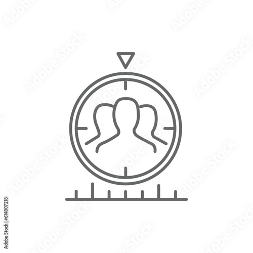 The target audience. Customers, audience reach, sales generation. Human resources, public relations. Vector linear icon isolated on white background.