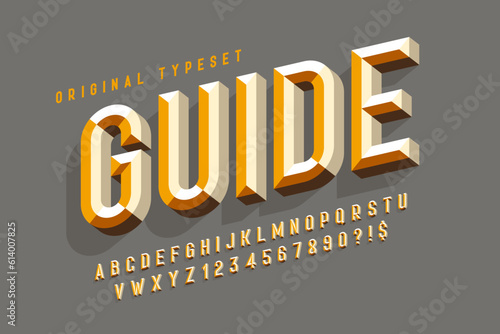 Chisel 3d letters design, colorful alphabet, typeface. Color swatches control. 13 degree skew