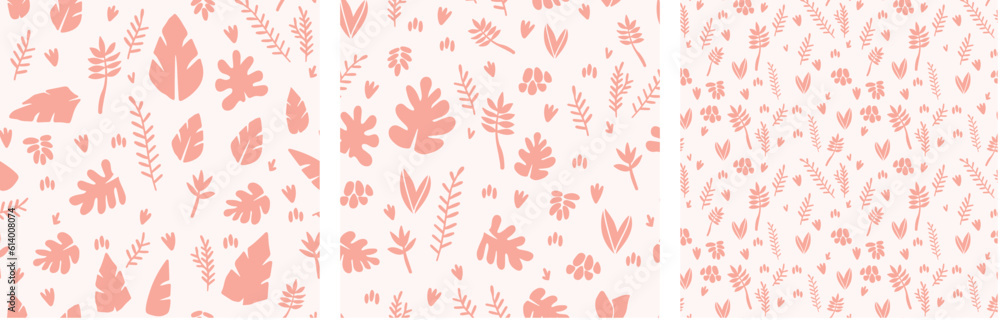 Vector illustration. Seamless pattern on the theme of plants. Big set of leaves, petals and twigs. Summer fabric.
