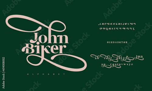 Johnbiker elegant luxury abstract wedding fashion logo font alphabet. Minimal classic  urban fonts for logo, brand etc. Typography typeface uppercase lowercase and number. vector illustration