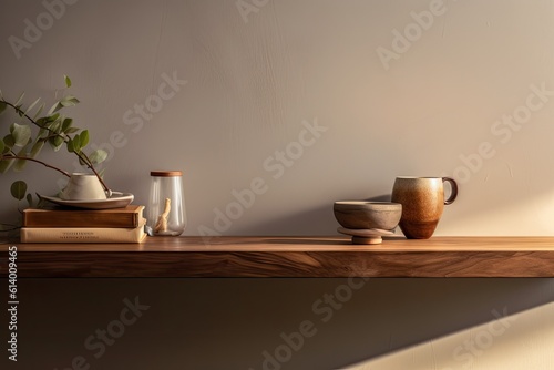 wooden floating shelf with a minimalist design. Generative AI