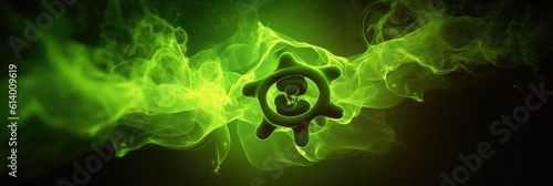 Abstract image of a biohazard symbol emitting a glowing green light, symbolizing toxicology and public health, against a dramatic dark background photo