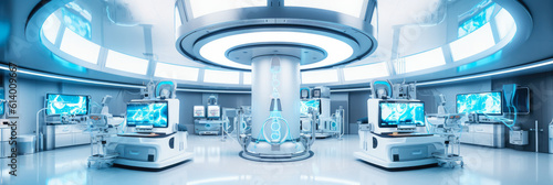 Panoramic view of a futuristic hospital with advanced robotic surgical machines and holographic interfaces