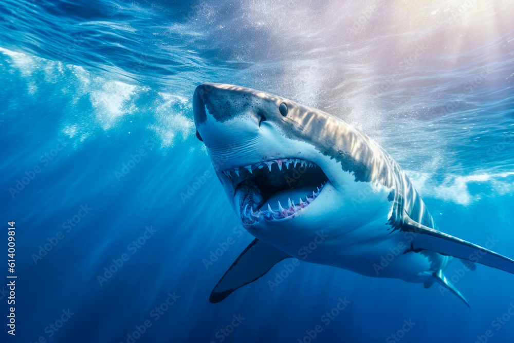Fototapeta premium Great white shark swimming underwater. Generative AI