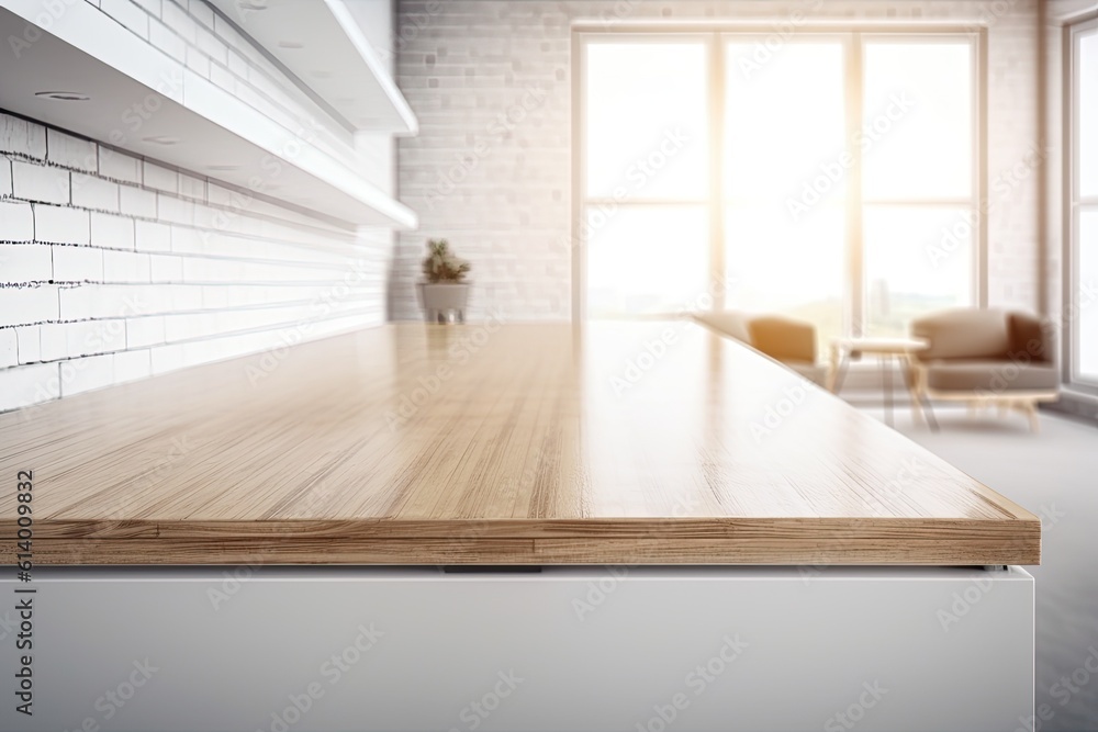 Fototapeta premium White color tone, blank white wooden table, interior with blurred background, product display template. Generative AI