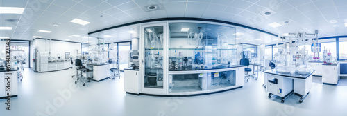 Panoramic view of a spacious, clean laboratory with state-of-the-art equipment for genetic research