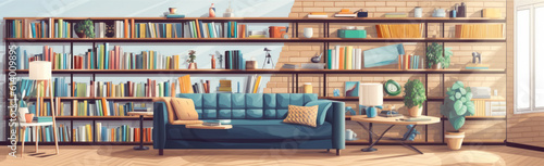 Panorama of a modern psychology office with a comfortable sofa, bookshelves filled with psychology books, and calming art on the walls © aicandy