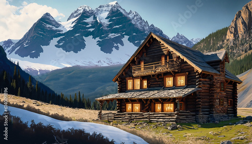 Create a beautiful mountain scene with a log home on the side of a rugged mountain that has snow capped peaks. Generated Ai
