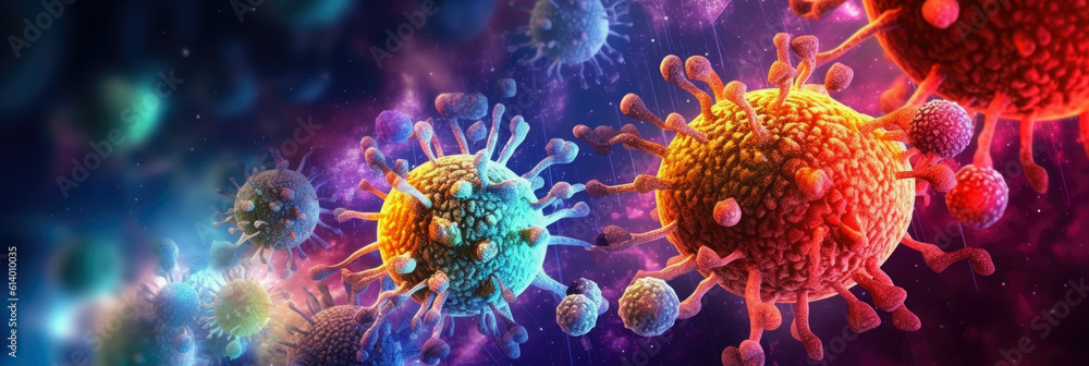 Panoramic wallpaper of an artistic rendering of microscopic viruses against a bright, colorful background, representing virology Panoramic wallpaper of an artistic rendering of microscopic viruses against a bright, colorful background, representing virology