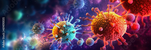 Panoramic wallpaper of an artistic rendering of microscopic viruses against a bright, colorful background, representing virology