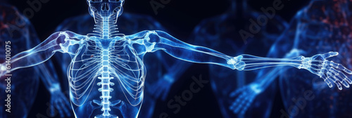 abstract rendering of a human skeleton glowing against a deep blue background, interconnected with digital nodes, representing orthopedics