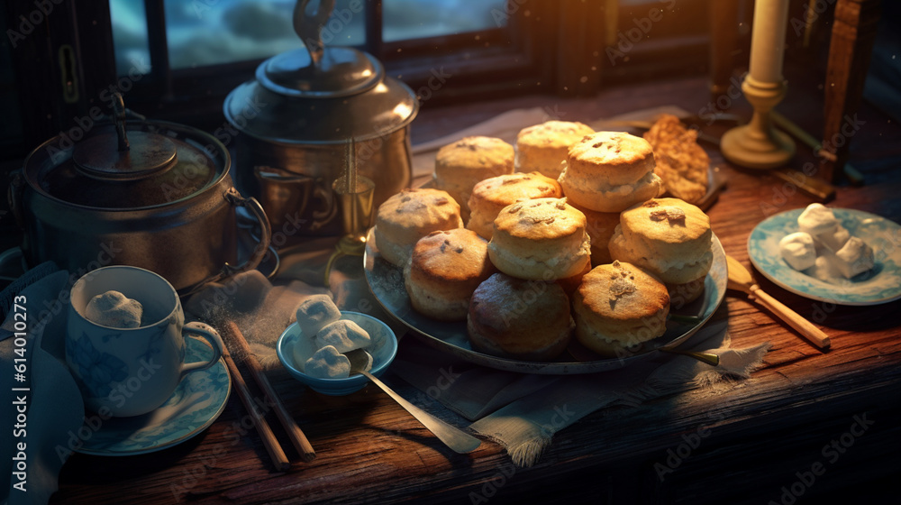 Scones with glaze cute art, dark blue and yellow, korean style, panoramic ai art for cafe, whimsical drink illustration