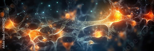 abstract panoramic wallpaper of an artistic rendering of synapses firing in a neural network, against a dark background