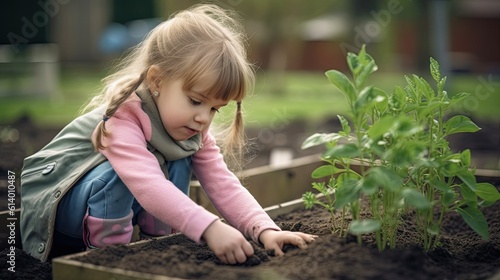 Young little girl planting plants in her home backyard garden.