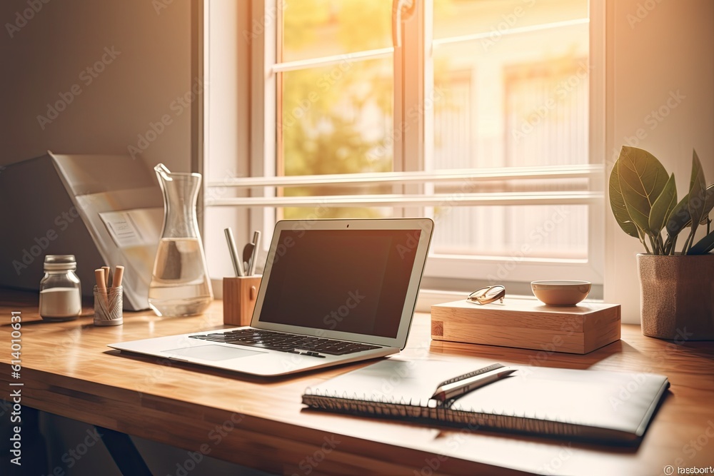 Workspace with warm tones with a white desk, a laptop, and a phone by a window in an office or at home. Generative AI Workspace with warm tones with a white desk, a laptop, and a phone by a window in an office or at home. Generative AI