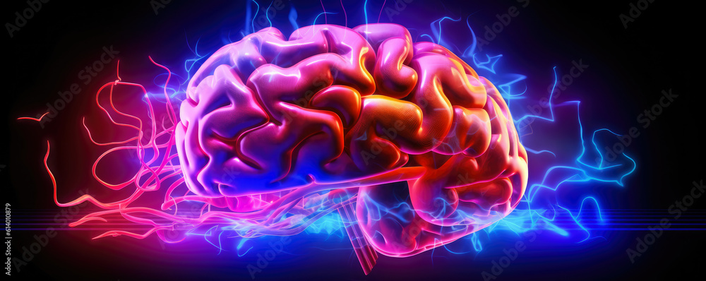 Fototapeta premium Abstract portrayal of human brain in shining neon light, showing left and right hemisphere