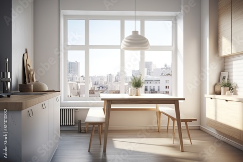 With large windows, a table with wooden seats, a bench next to it, and countertops, the dining room and kitchen corner are decorated in a Scandinavian manner. view of a city. a mockup. Generative AI © Vusal
