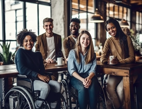 two young college women in wheelchairs pose with their diverse classmates photo