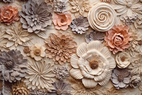 Boho wall texture, pastel earthy colors, brown flowers. AI generative