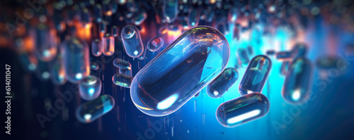 Pharmaceutical capsules floating in abstract space, illustrating the concept of drug discovery photo