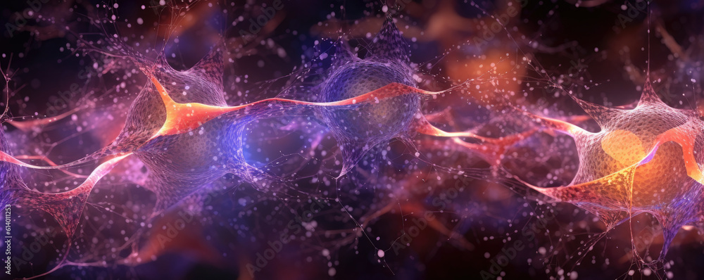 Wide-screen view of abstract interpretation of neurons interconnected, portraying cognitive science Wide-screen view of abstract interpretation of neurons interconnected, portraying cognitive science