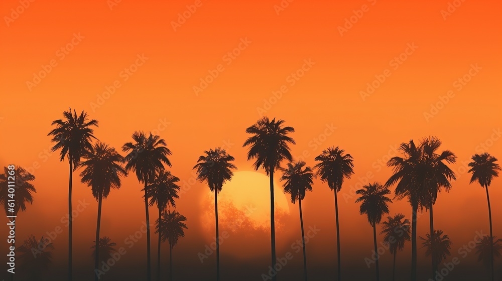Orange gradient morning sky with tall palm trees silhouettes background Generative AI