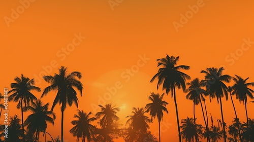 Orange gradient morning sky with tall palm trees silhouettes background Generative AI © MUCHIB
