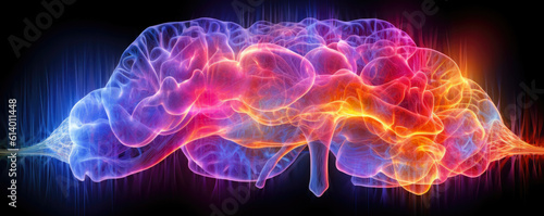 Abstract portrayal of human brain in a wide aspect ratio, created from glowing neon lines