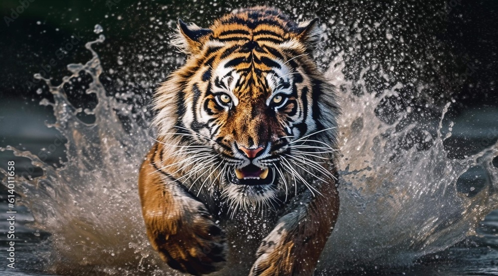The tiger roars in the water and runs towards the camera, water splashes, AI generated