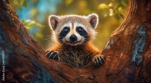 Cute animal generated by AI, like a cute raccoon looking at the camera on a tree, AI generated