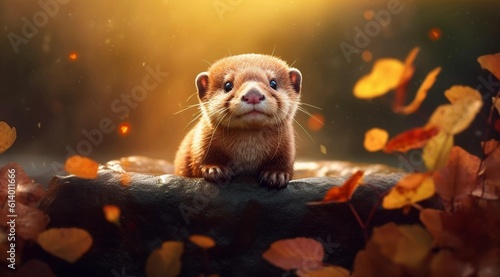 Fototapeta Naklejka Na Ścianę i Meble -  A cute animal generated by AI, like a little otter lying on a stone and looking at the camera, AI generated