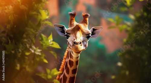 Cute giraffe looking at the camera, trees and leaves background, AI generated