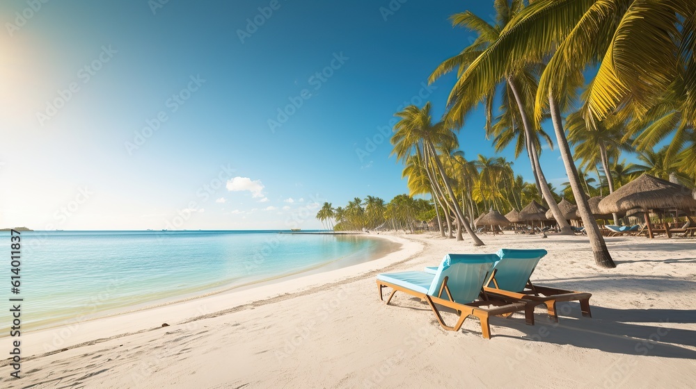 Palm trees with sun loungers on the caribbean tropical beach saona island dominican republic vacation travel background Generative AI - obrazy, fototapety, plakaty 