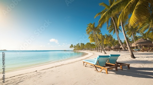 Palm trees with sun loungers on the caribbean tropical beach saona island dominican republic vacation travel background Generative AI © MUCHIB