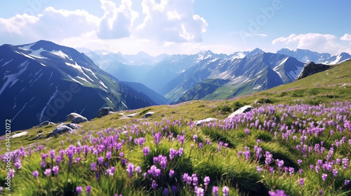 Top of an Alpine Mountain serene  pristine  tranquil  blossoming